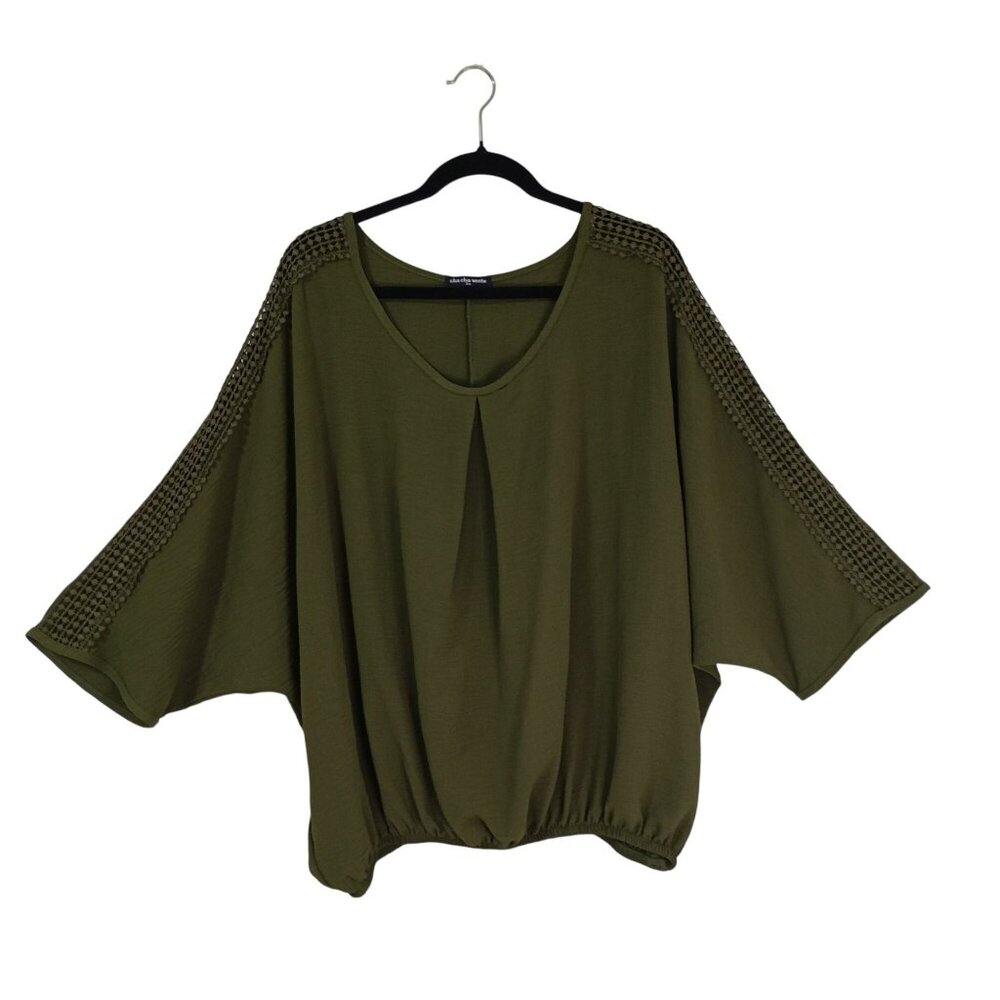 Cha Cha Vente Blouse Crochet Sleeve Detailing Elastic Hem Olive Green 3X Womens